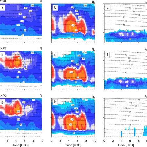 QVPs of the model-predicted hydrometeor mixing ratios of cloud ice (a ...