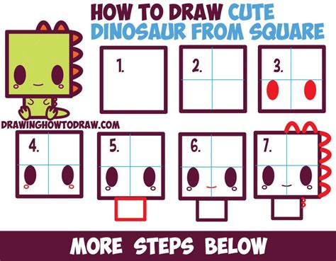 How to Draw Cute / Kawaii / Cartoon Baby Dinosaur from Squares with ...