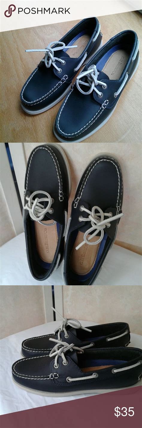 Bass Boat Shoes Navy Blue Leather White Laces 6.5 | Boat shoes, Dock ...