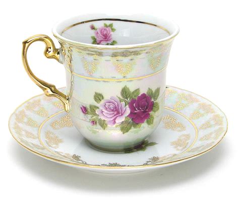 Euro Porcelain 12-Pc. "Roses" Tea Cup and Saucer Coffee Set (8 oz.), White Pearlescent Floral ...