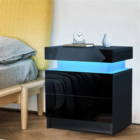 High Gloss Nightstand, 2 Drawers Bedside Tables RGB LED Bedroom Cabinet ...