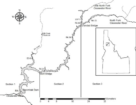 Map of Dworshak Reservoir depicting the locations of seven limnological... | Download Scientific ...