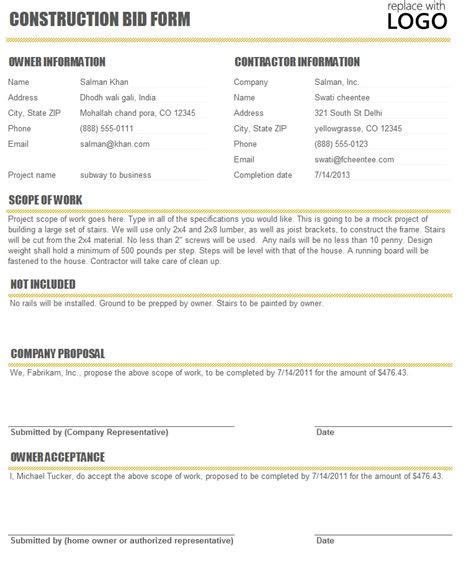 2021 Construction Bid Template Fillable Printable Pdf And Forms ...