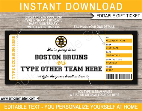 Boston Bruins Game Ticket Gift Voucher | Printable Surprise Hockey Tickets