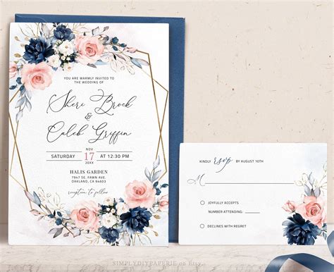 Navy and Peach Wedding Invitation Pink and Blue Wedding - Etsy | Peach ...