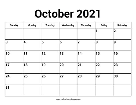 October 2021 Calendar – Calendar Options