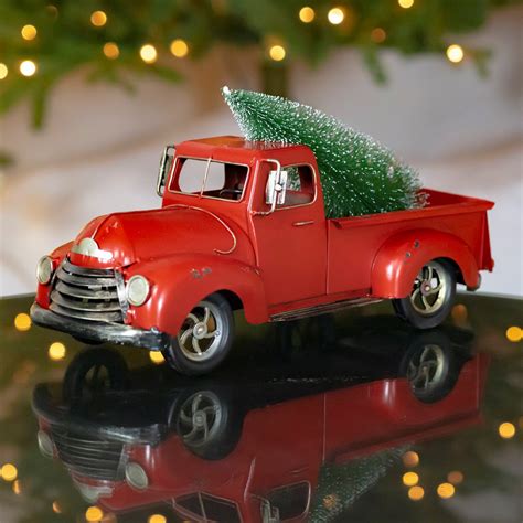 Red Iron Pickup Truck with Christmas Tree