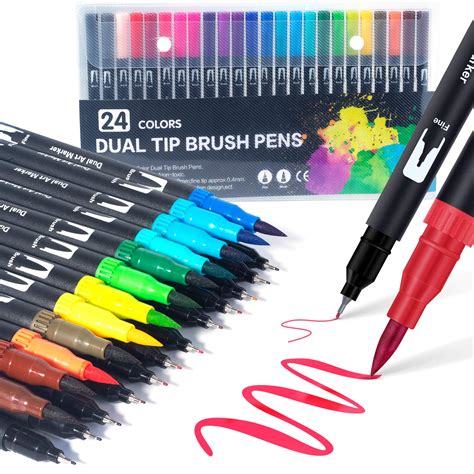 Dual Tip Brush Pens: Felt Tip Pen Set 24 Colors Colouring Pens Art Markers for Kids and Adults ...