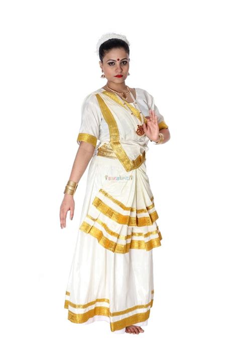 Mohiniattam Dress Chairman Mohiniyattam Indian Dance Costumes in White Color with Golden Border ...