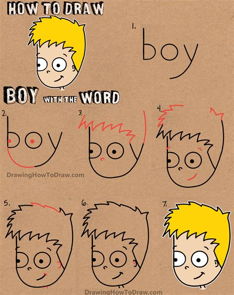 How to Draw a Cartoon Boy with the word Boy Easy Tutorial for Kids - How to Draw Step by Step ...