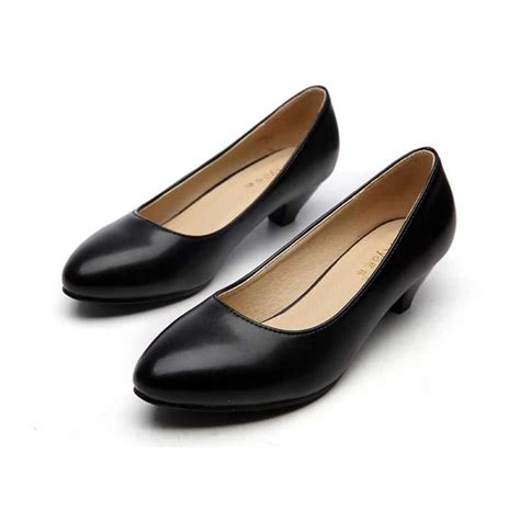 Black Women Pump Shoes Office Career Pointed Toe Square Heel Full Grain ...