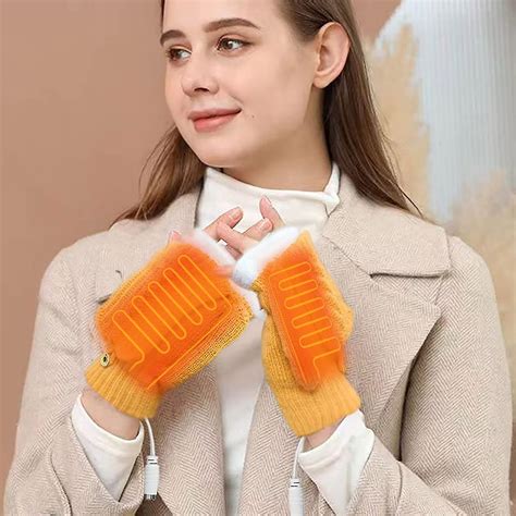 【楽天1位】 Usb Heated Gloves Knitted Hands Full Half Fingerless, Washable Gloves, Unisex-orange ...
