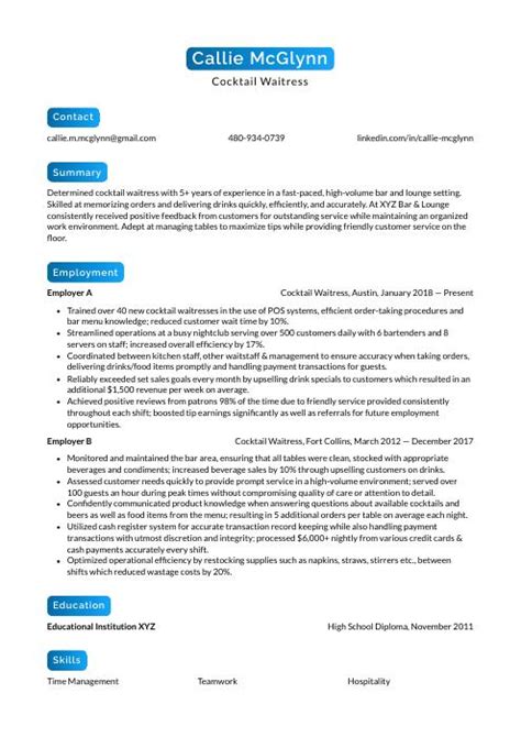 Cocktail Waitress Resume (CV) Example and Writing Guide