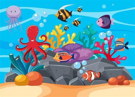 Underwater scene with many sea animals 369112 Vector Art at Vecteezy