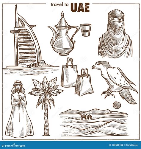 Arab Emirates Tourism Travel Sketch Landmarks and UAE Culture ...