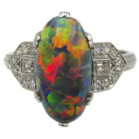 Art Deco Platinum Diamond " Lightning Ridge " Black Opal Ring at 1stdibs