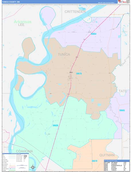 Tunica County, MS Wall Map Color Cast Style by MarketMAPS - MapSales