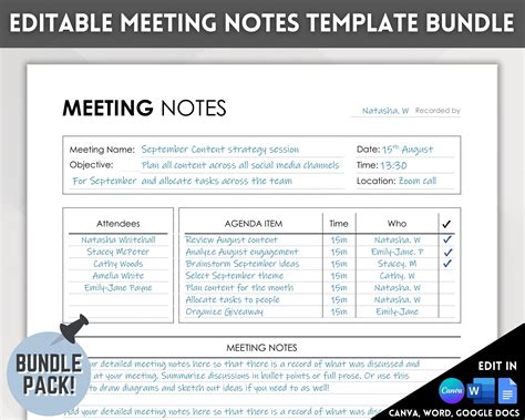 Editable Meeting Notes Template Printable Business Meeting - Etsy UK | Meeting notes template ...