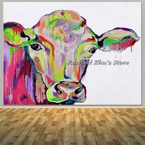 Hand Painted Abstract Colorful Cow Oil Painting On Canvas Abstract ...