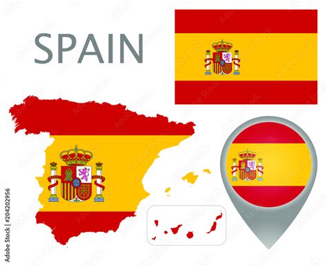 Colorful flag, map pointer and map of Spain in the colors of the Spanish flag. High detail ...