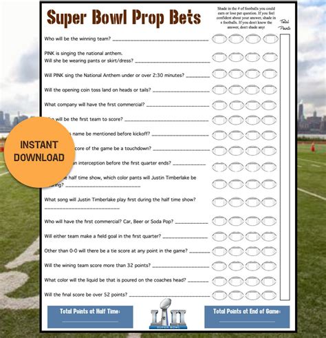 Super Bowl Prop Bet Sheet 2018