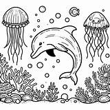 Dolphin And Jellyfish In Underwater Scene Kids Coloring Book Page  sketch template