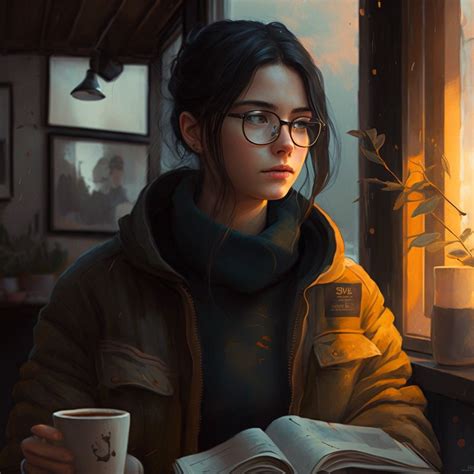 cute girl in sweater black hair black wayfarer glasses sitting inside cafe drinking coffee ...