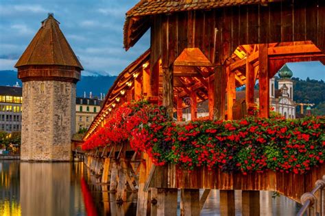 Night View of Kapellbruecke at Swiss Town Luzern Stock Image - Image of covered, lake: 274292085