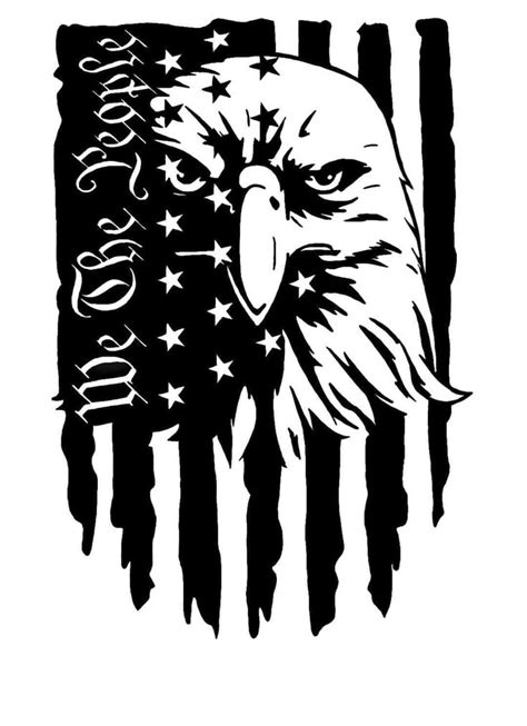 an eagle with the american flag on it's back and words written in white ink