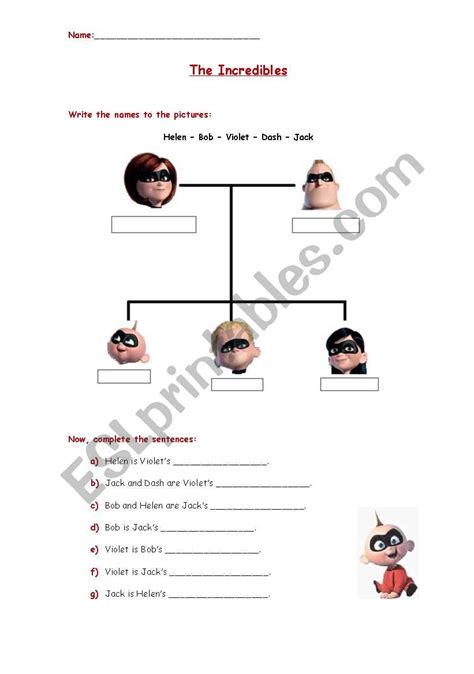 The Incredibles - family tree - ESL worksheet by Giovana Toniolo