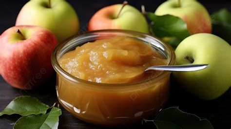 An Apple Jam With Apples And A Spoon Surrounded By Green Leaves Background, Picture Of Apple ...