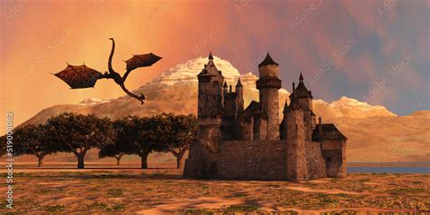 Dragon and Castle - A fearsome dragon attacks a castle in medieval ...