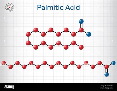 Palmitic acid or hexadecanoic, C16H32O2 molecule. It is saturated fatty acid. Structural ...