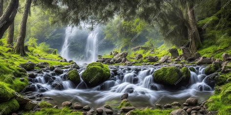 Premium AI Image | A waterfall in a green forest with moss on the ground and a waterfall in the ...