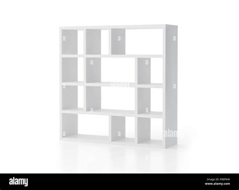 Empty white bookcase shelves isolated on white background. Include clipping path. 3d render ...