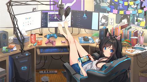 playing, 4K, gamers, animal ears, computer, anime girls HD Wallpaper