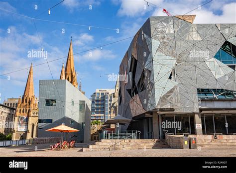 Post modern architecture of Federation Square in Melbourne alongside St ...