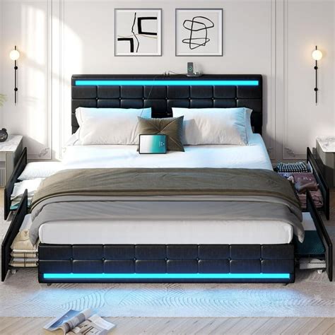 King Size Bed Frame with RGB LED, USB Ports, 4 Drawers, Adjustable ...