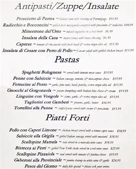 Menu at La Cucina restaurant, North Vancouver