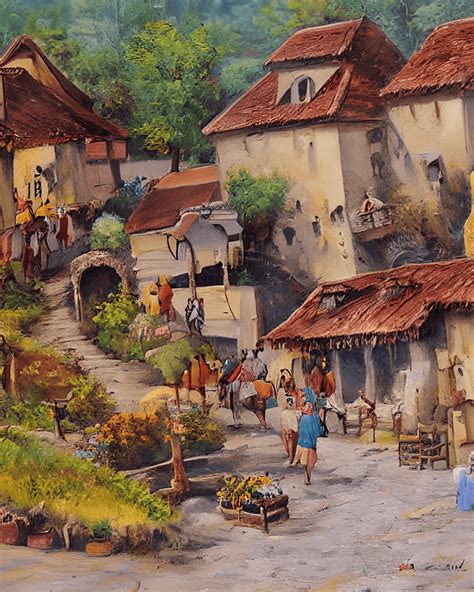 Hillside Old World Village Shops Exquisitely Detailed Oil Painting · Creative Fabrica