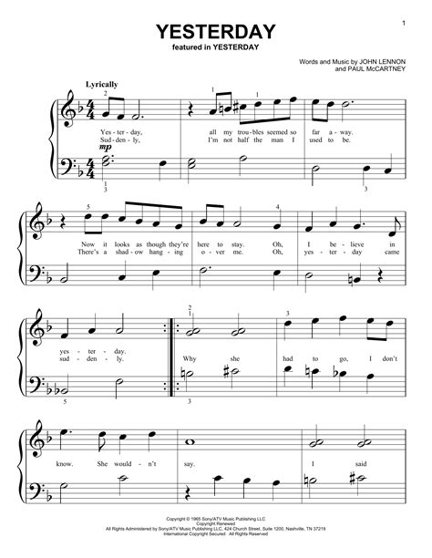 Yesterday by The Beatles Sheet Music for Big Note Piano at Sheet Music ...