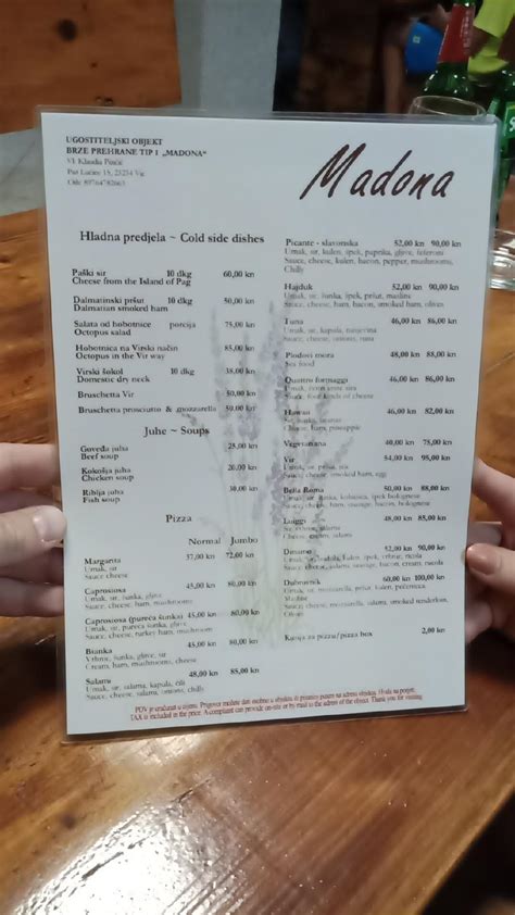 Menu at Pizzeria Madonna, Vir