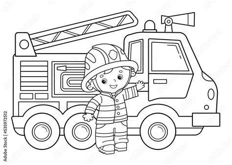 Coloring Page Outline Of cartoon fire truck with fireman or firefighter. Professional transport ...