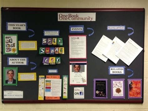 a bulletin board with many different books on it