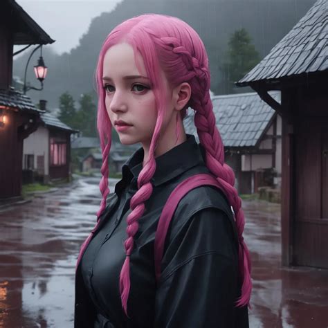 Pink hair braid girl in a rainy village, Dreamcore,... | OpenArt