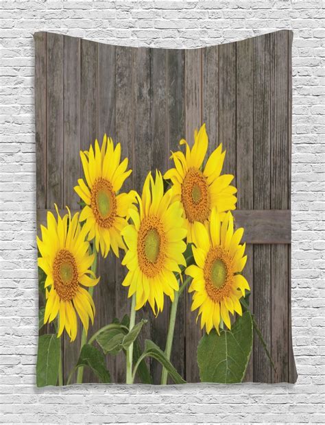 Sunflower Decor Wall Hanging Tapestry, Helianthus Sunflowers Against Weathered Aged Fence Summer ...