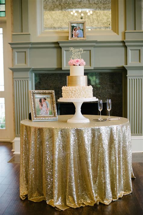 Beautiful wedding cake display on a sequined table cloth - Burritt on ...