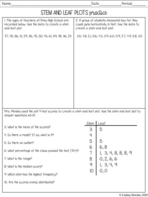 Stem and Leaf Plots Notes and Worksheets - Lindsay Bowden