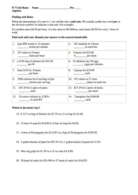 Finding Unit Rates Algebra Worksheets printable pdf download