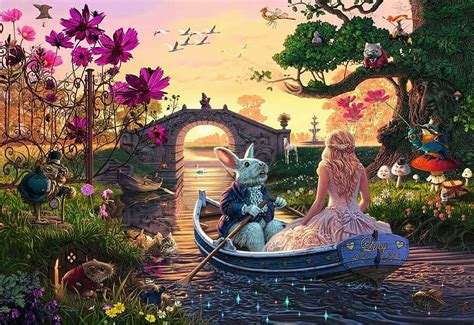 Wonderland, water, boat, white rabbit, art, bunny, summer, fantasy, alice, flower, HD wallpaper ...